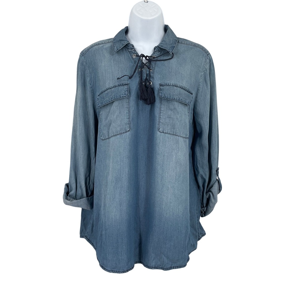 C. Est 1946 Top Women Sz L Blue Lace Up Tassel Boho Chambray Western Cowgirl NEW